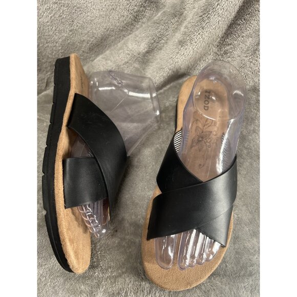 IZOD Women's 8 Alyssa Black Cross Wide Strap Slide Slip On Sandals Classic - Picture 2 of 8